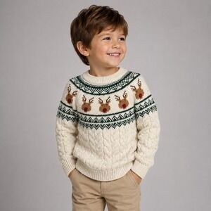Miles Kids Reindeer Fair Isle Sweater 5/6 Cream Cable Knit Christmas Holiday